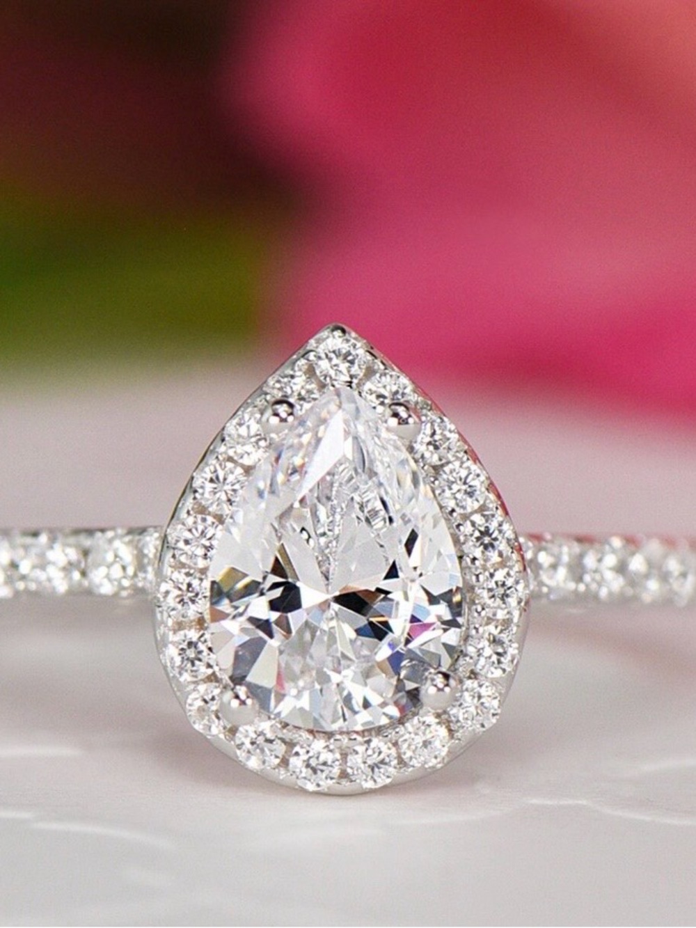 Sterling Silver Pear Halo Engagement Ring